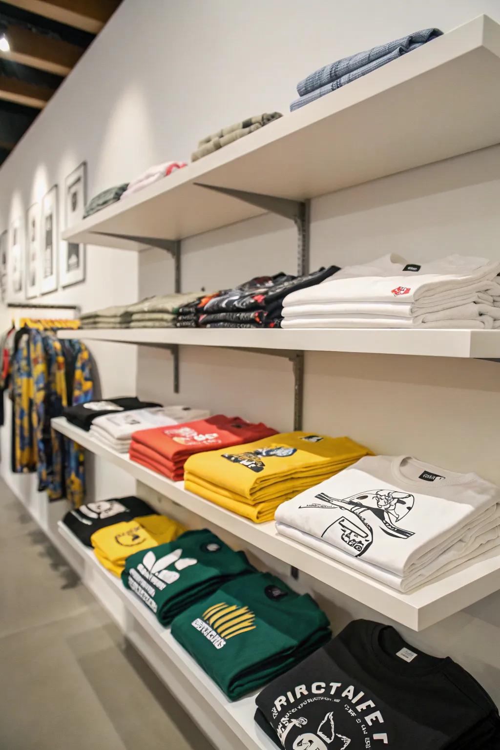 T-shirts elegantly displayed on floating shelves.