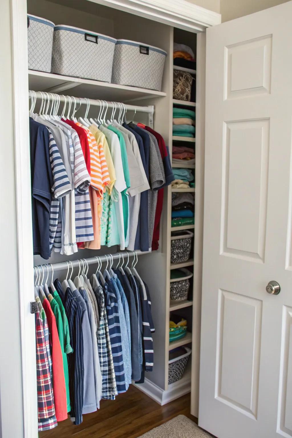 T-shirts stored in hanging organizers inside a closet.