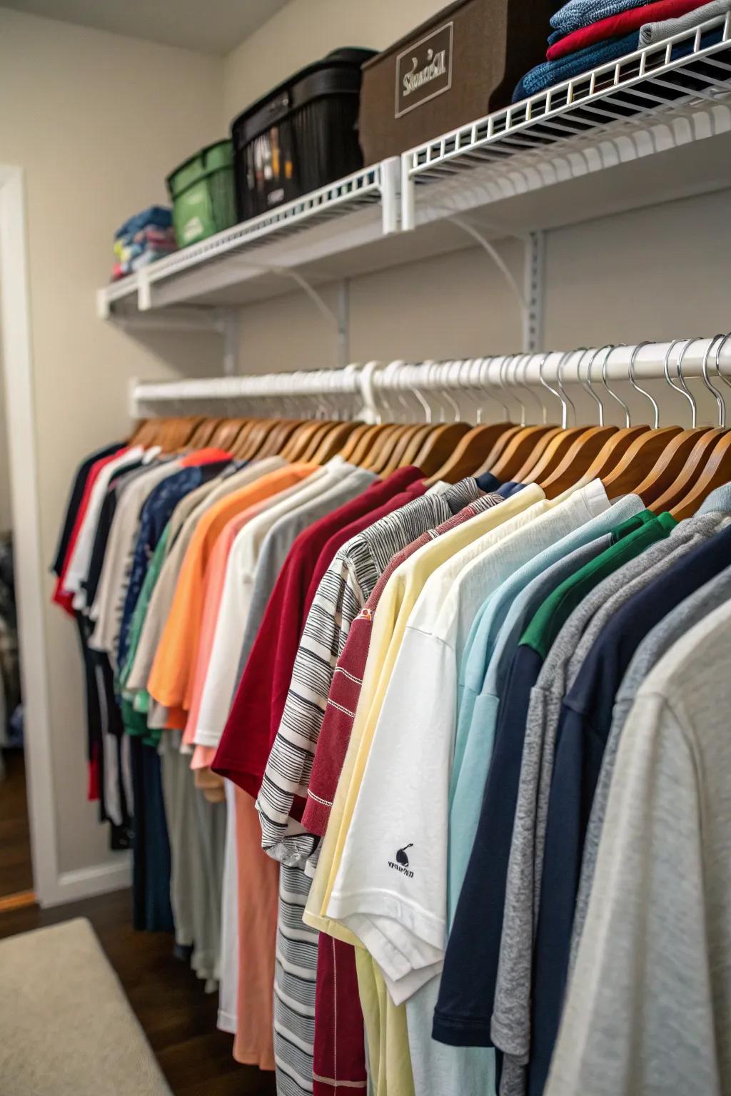 T-shirts organized by season for easy rotation.