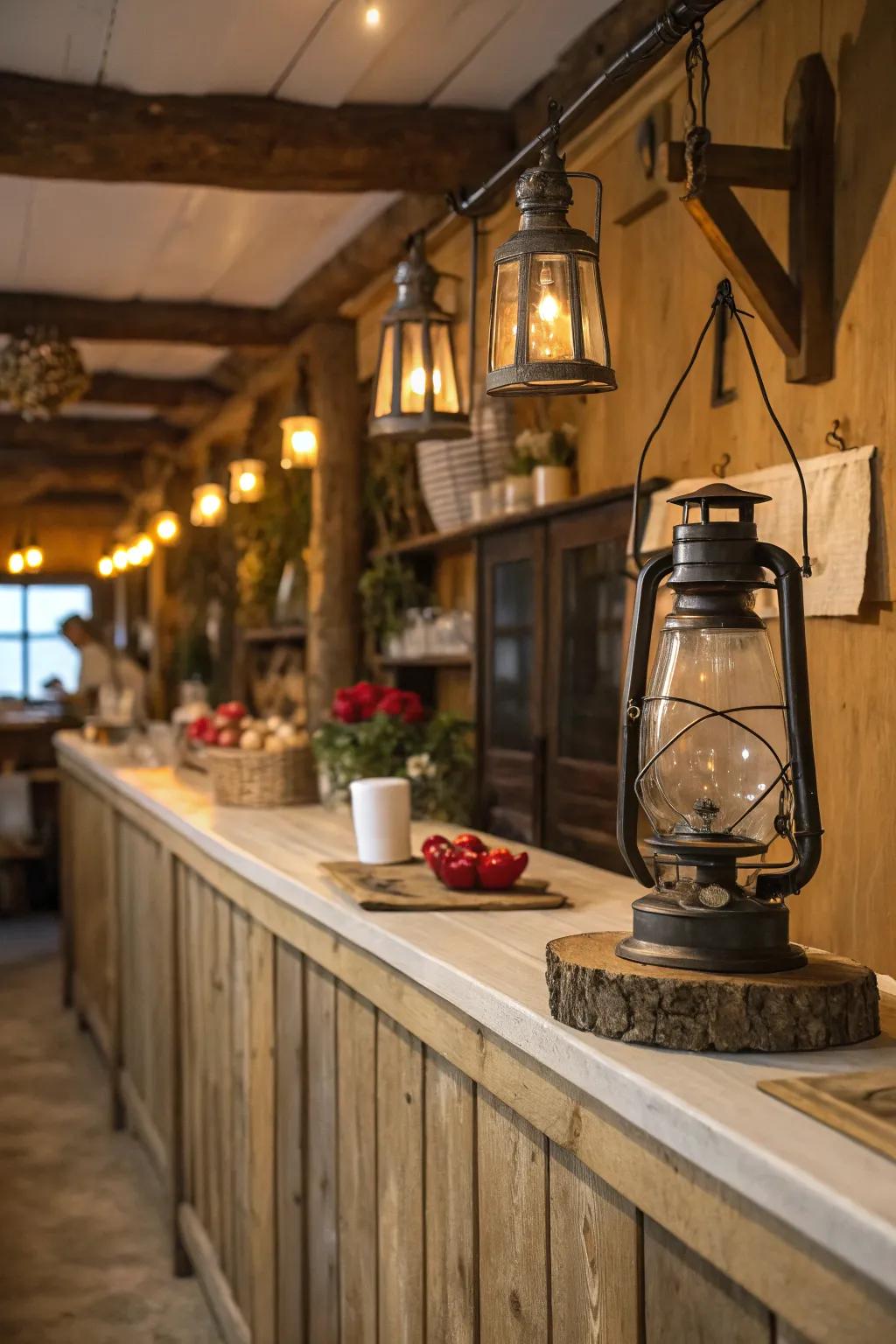 Vintage lantern sconces adding warmth to rustic kitchens