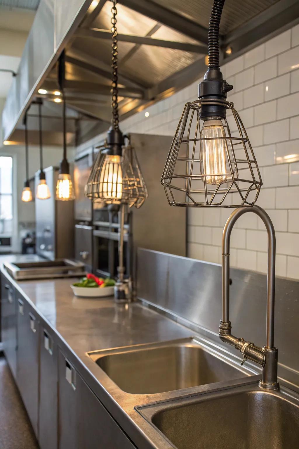 Industrial cage sconces adding an edgy vibe to kitchens