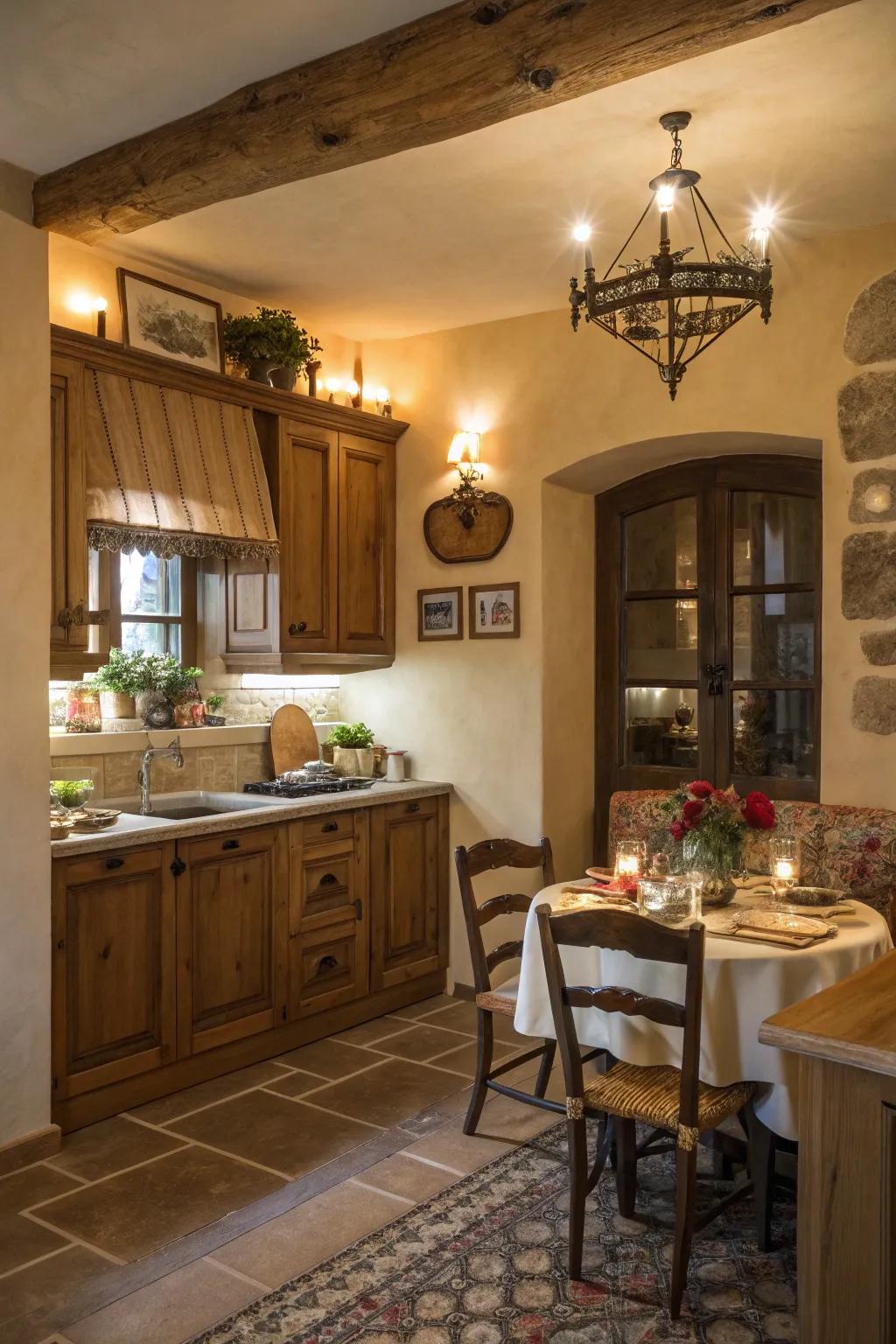 Softly illuminated sconces creating warm kitchen ambiance