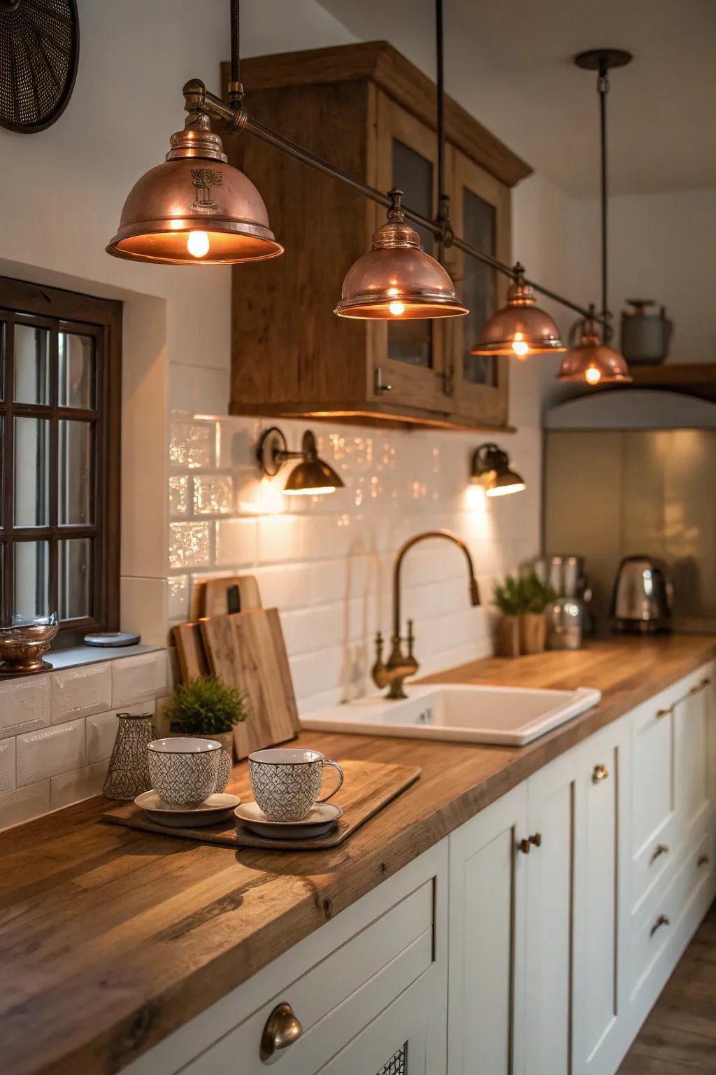 Copper sconces adding warmth and glow to kitchens