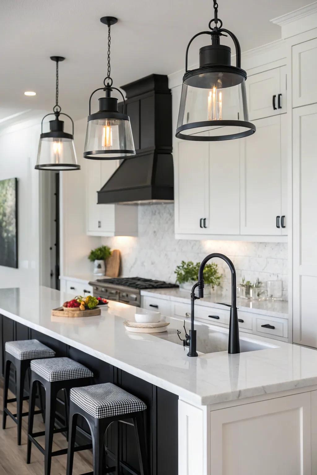 Bold black sconces creating striking contrast in kitchens