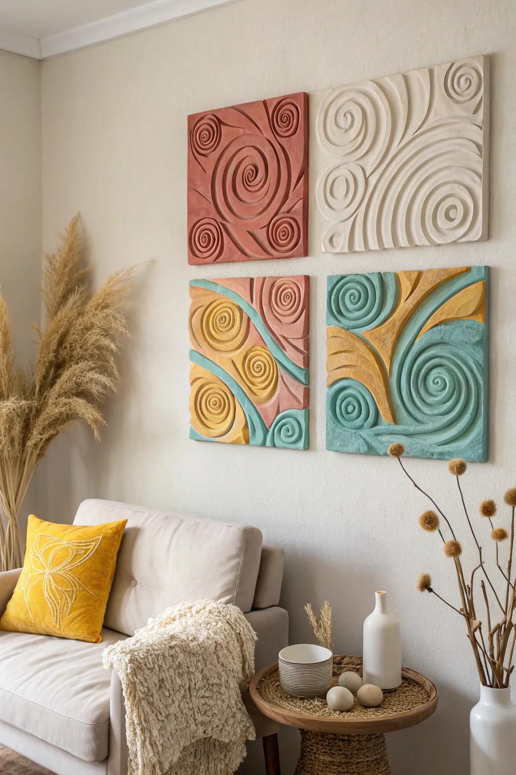 Infuse your walls with lively clay swirls that add a splash of artistic energy.