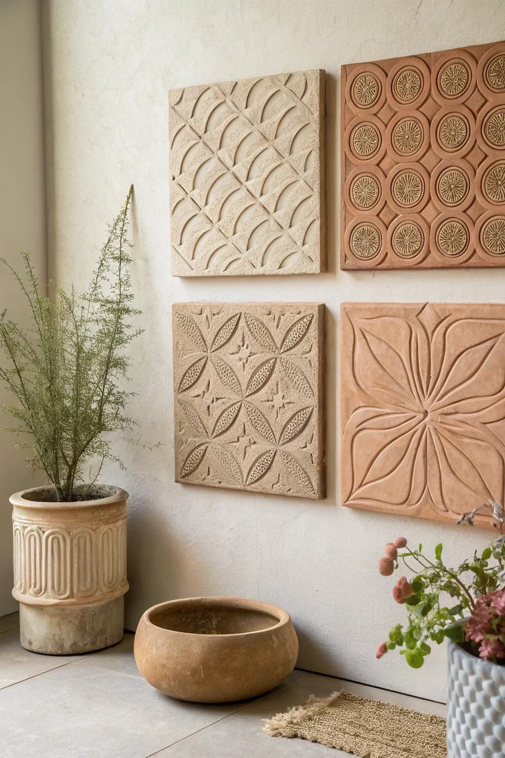 Add artisanal charm to your walls with textured clay tiles that blend craftsmanship and minimalism.