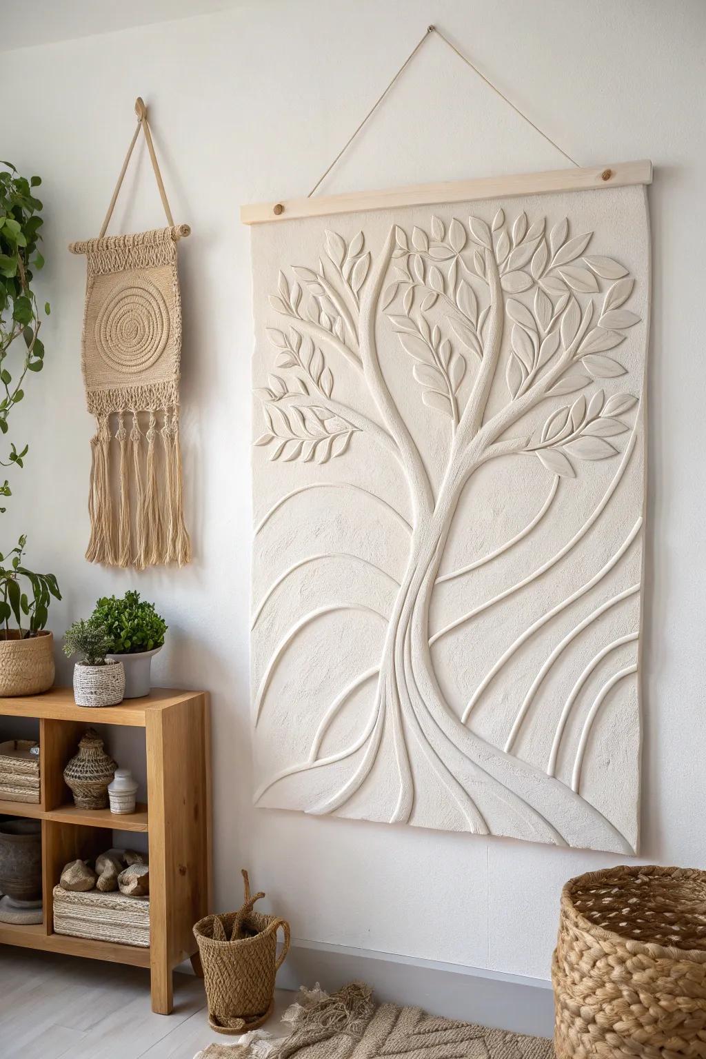 Bring the calm of nature indoors with clay reliefs that blend organic forms and minimalist design.