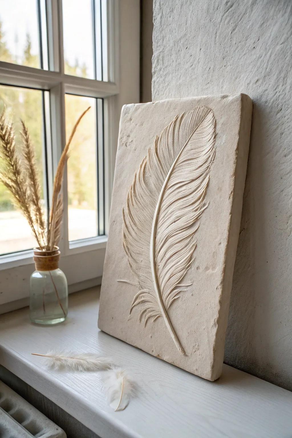 Celebrate natural elegance with delicate clay feather impressions that blend simplicity and grace.