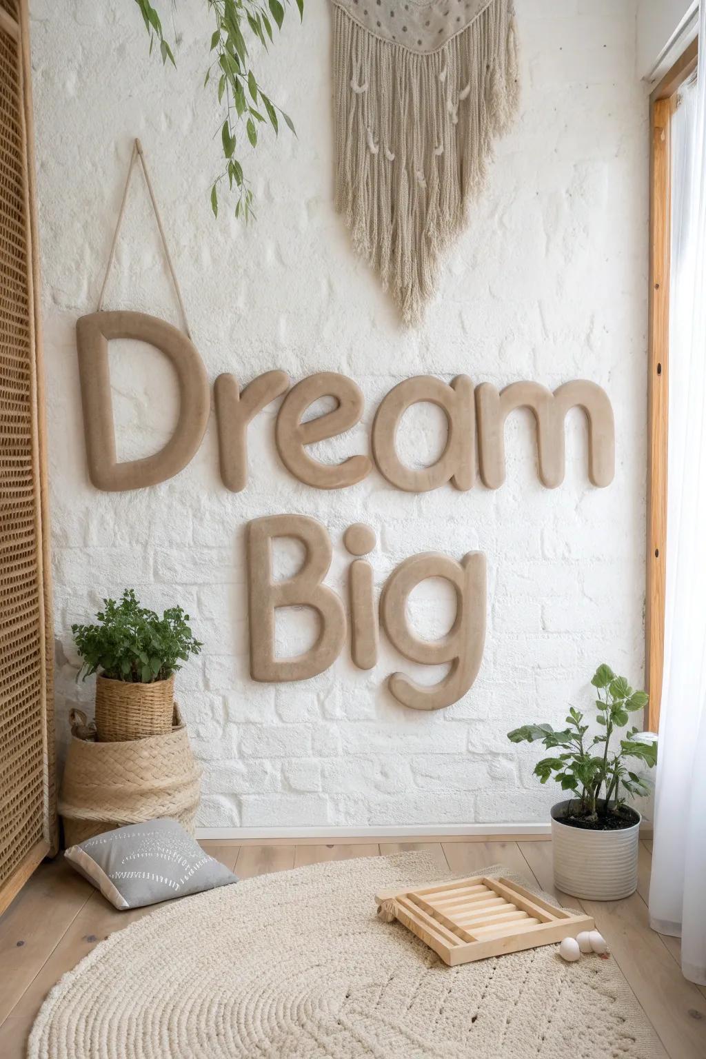Let your walls convey powerful messages with bold clay typography art.