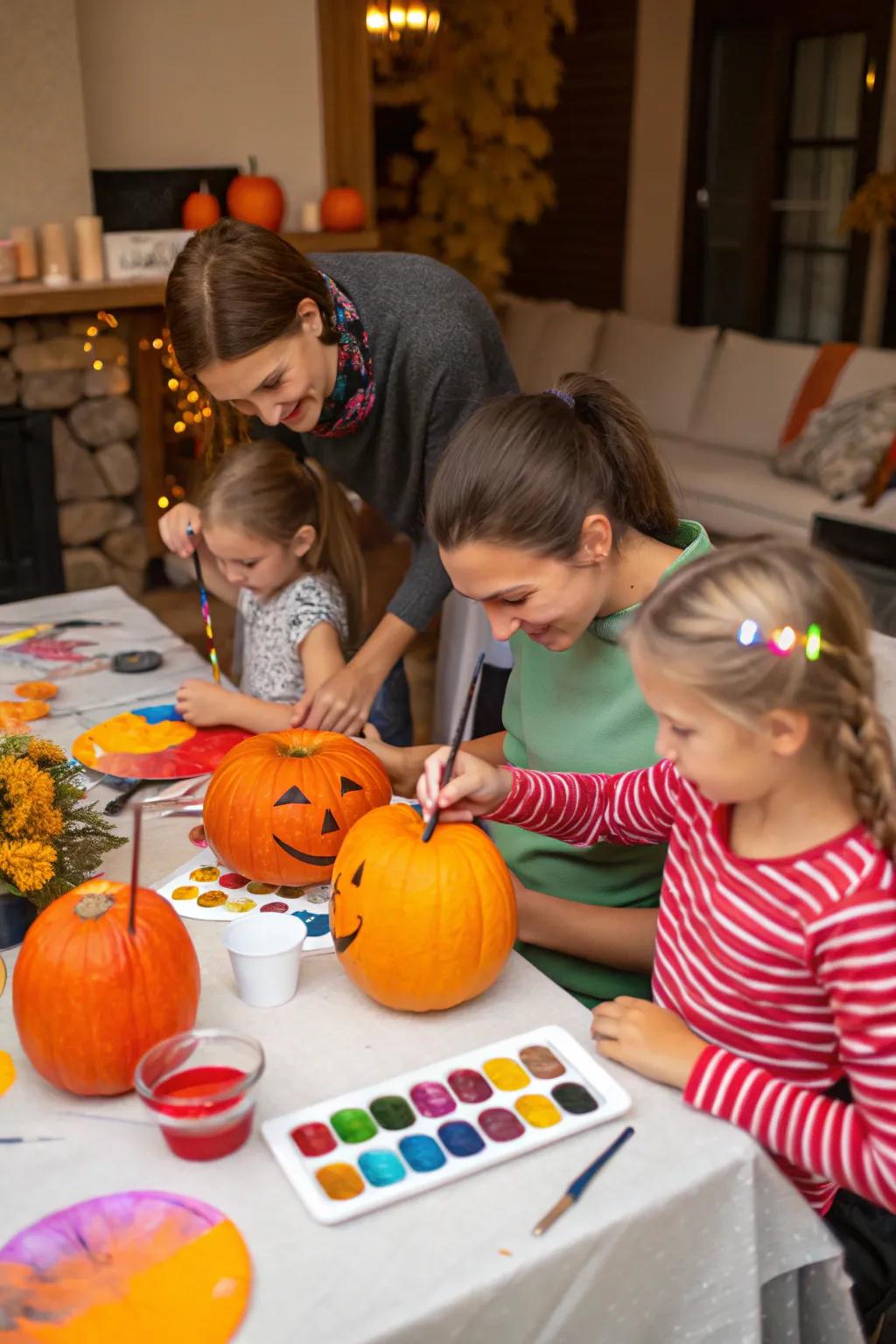 Pumpkin painting as a fun and safe party activity.