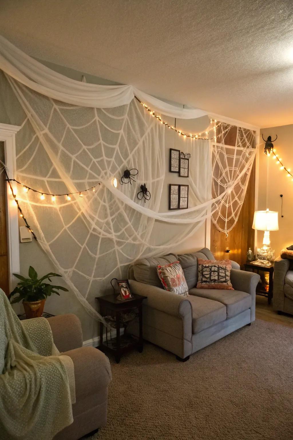 Handmade spider webs add eerie charm to your decorations.