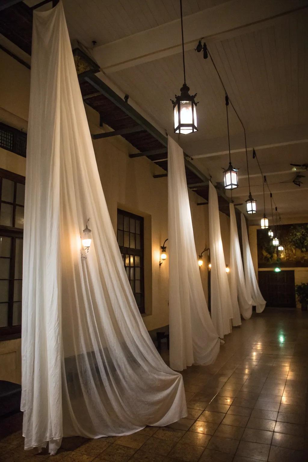 Add a haunting effect with ghostly drapes.