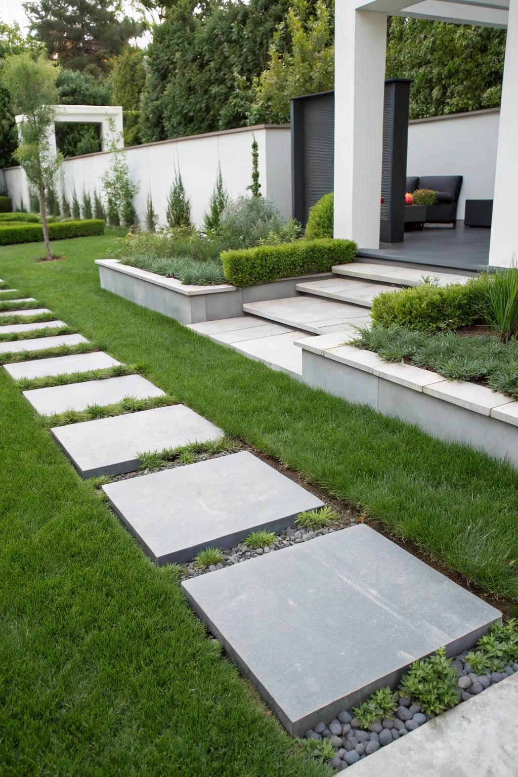 Modern granite stepping stones set over lush green grass.