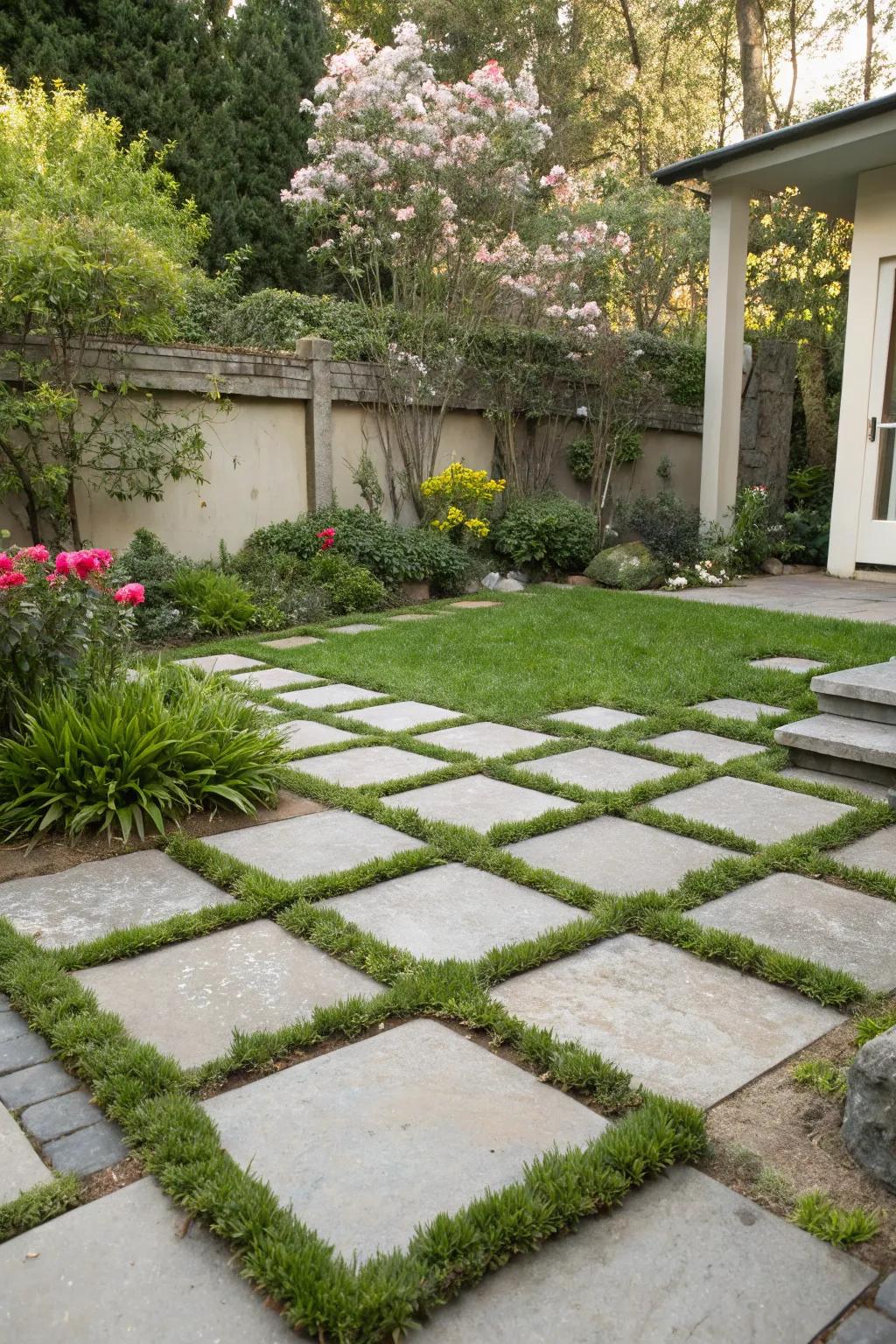 Granite tiles arranged with grass patches creating a checkerboard pattern.