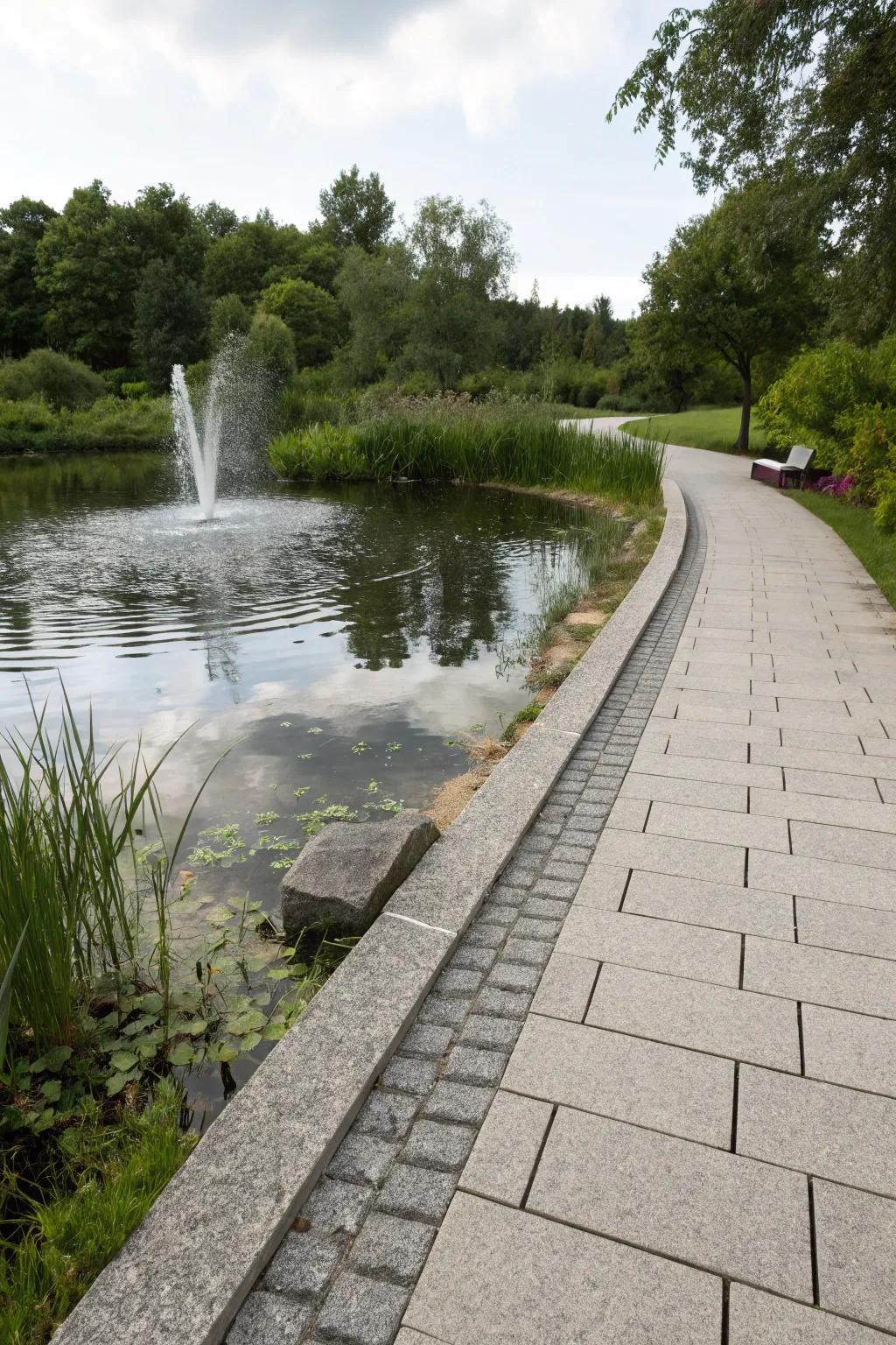 Granite pathway alongside a serene water pond.