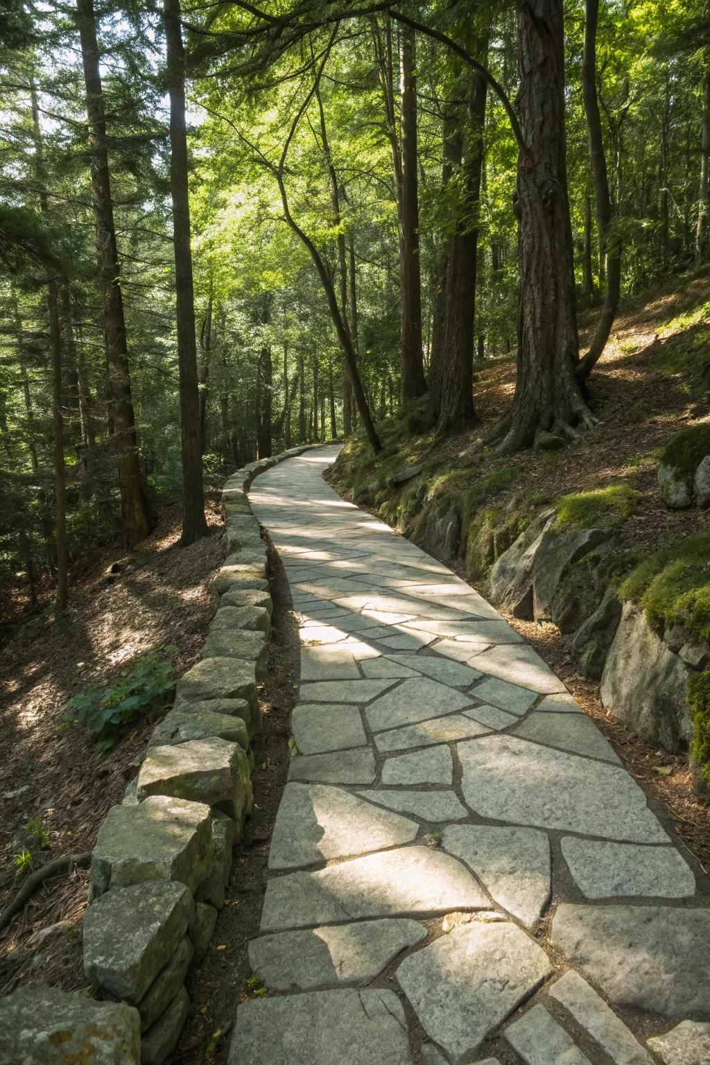 Granite walkway bordered with natural stone edging.