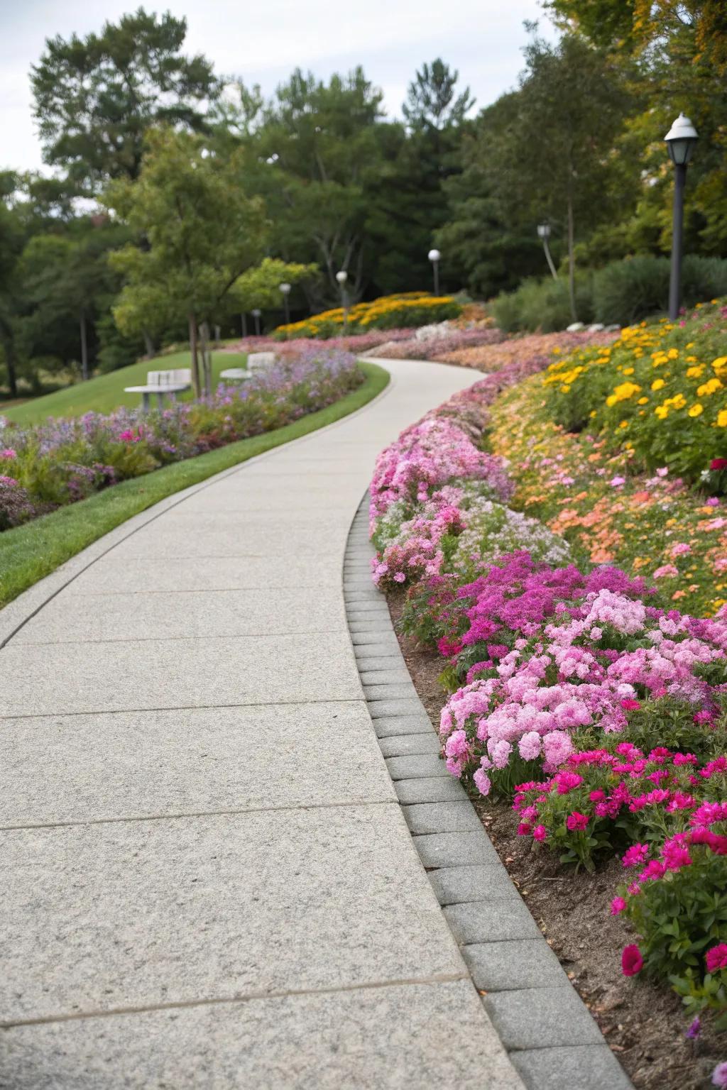 Granite path flanked by colorful flower beds.