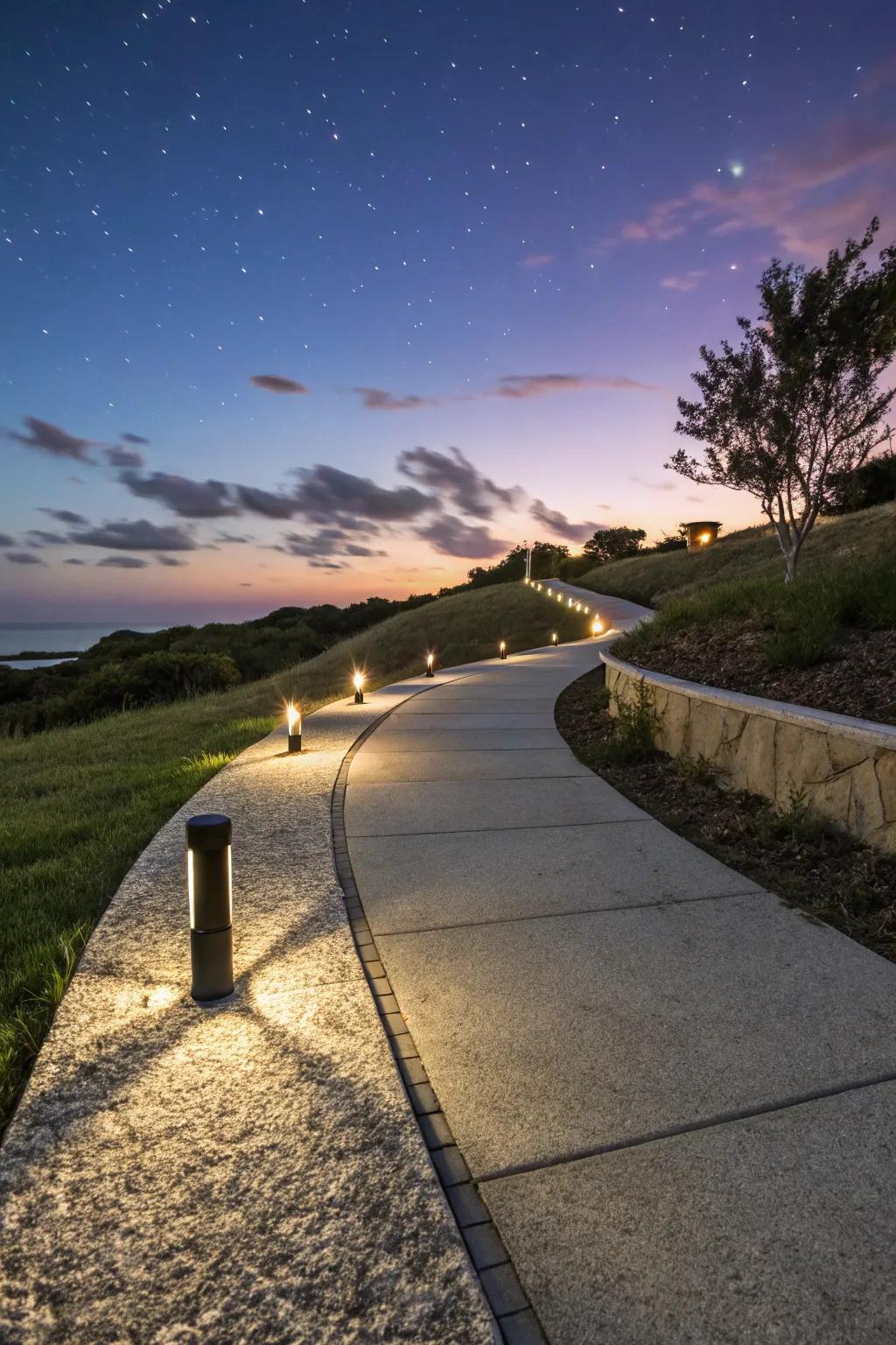 Granite walkway softly lit by evening pathway lights.