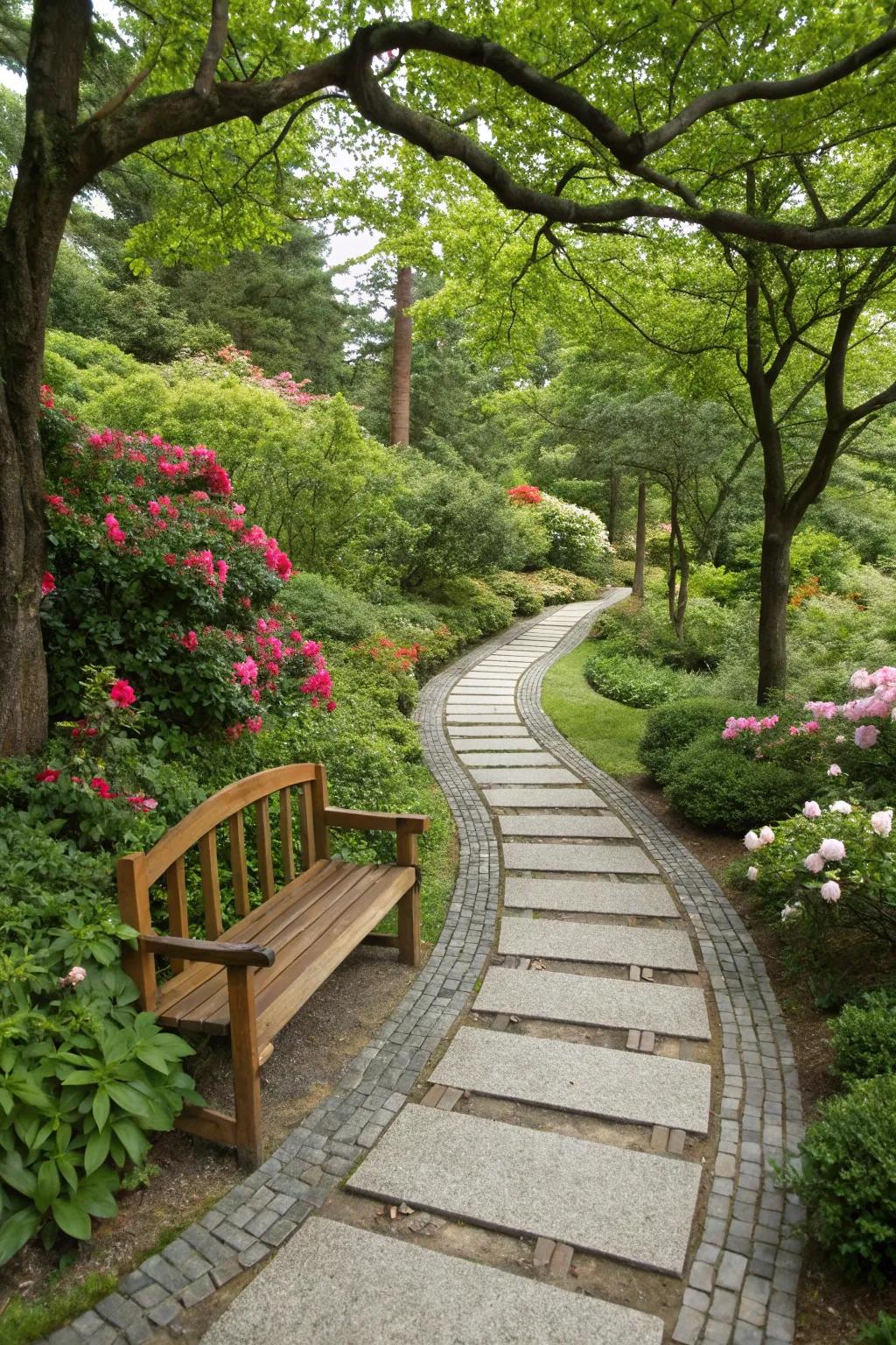 Granite walkway accented with wooden elements for a cozy feel.