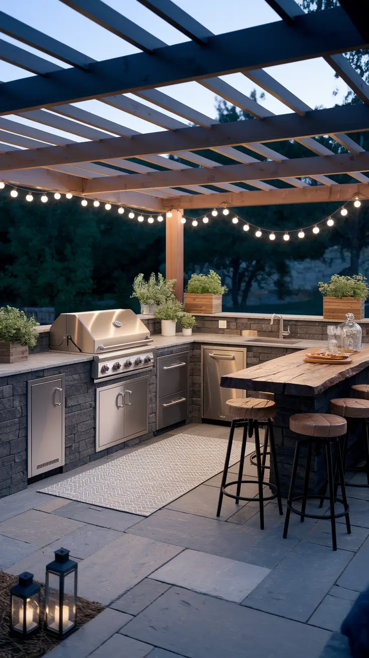 Outdoor Kitchen with Live-Edge Bar and Herb Planters