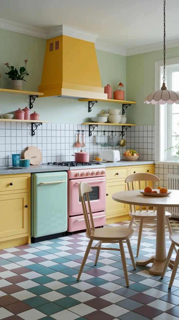 Whimsical Kitchen with Checkerboard Floor and Open Shelving