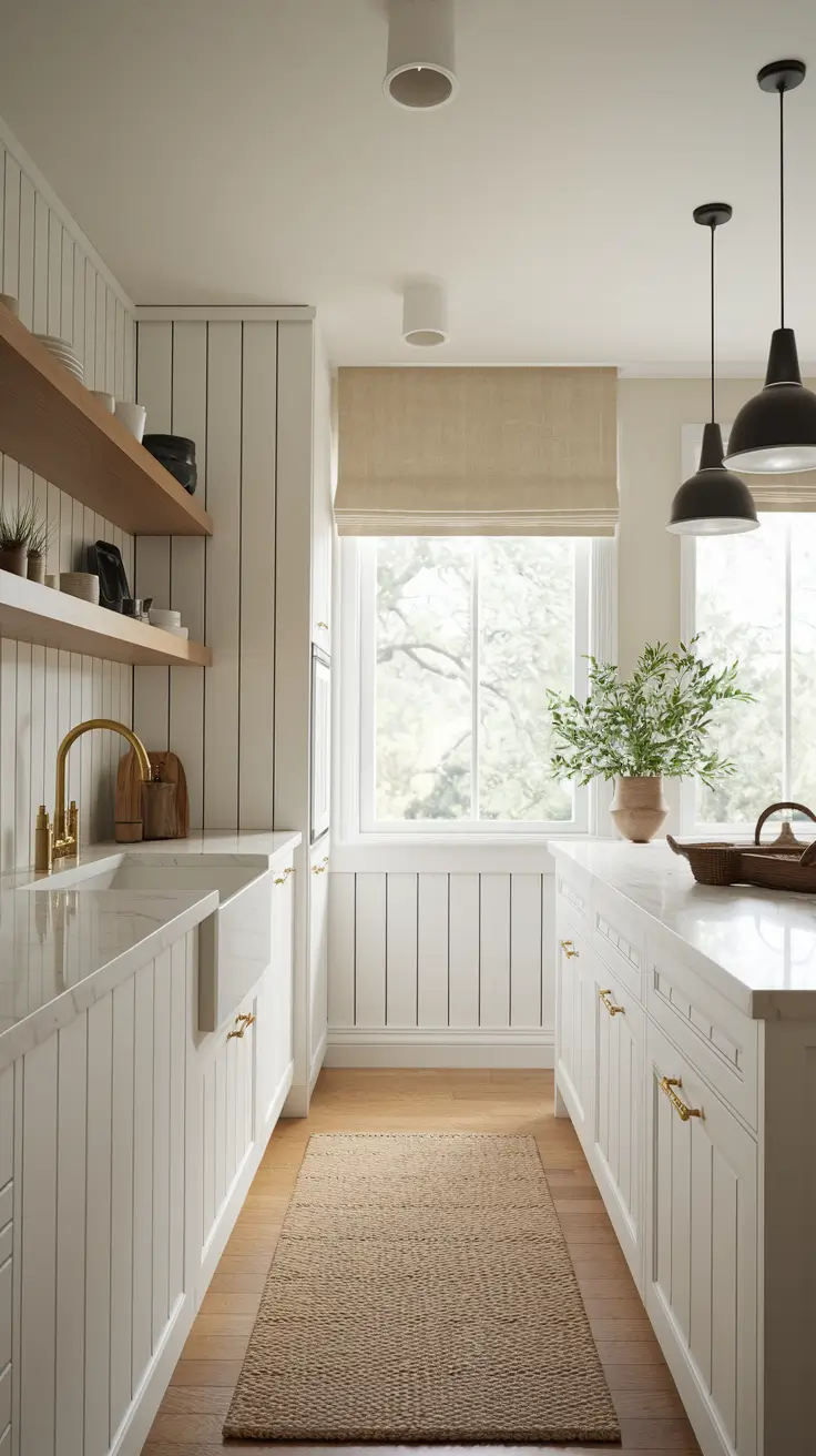 Warm White Kitchen with Oak Accents and Brass Hardware
