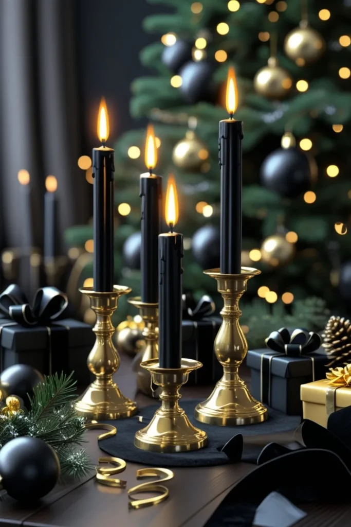Black Taper Candles in Brass Holders