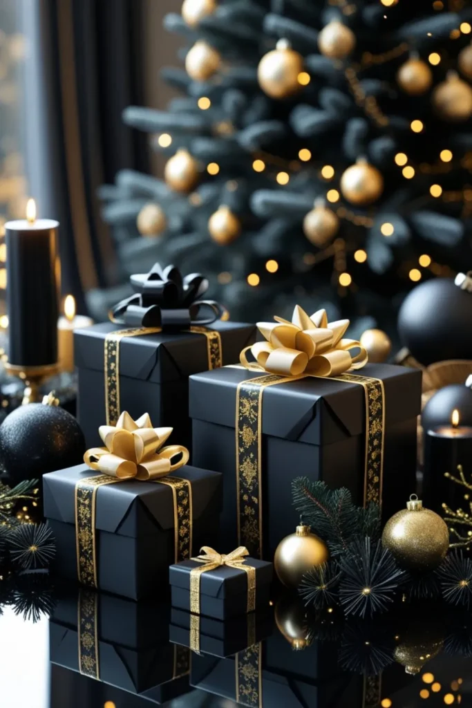 Black Gift Wrapping with Gold Accents