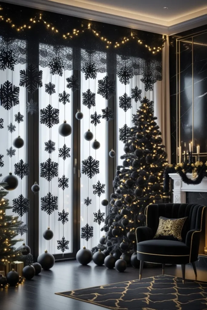 Black Paper Snowflake Curtain