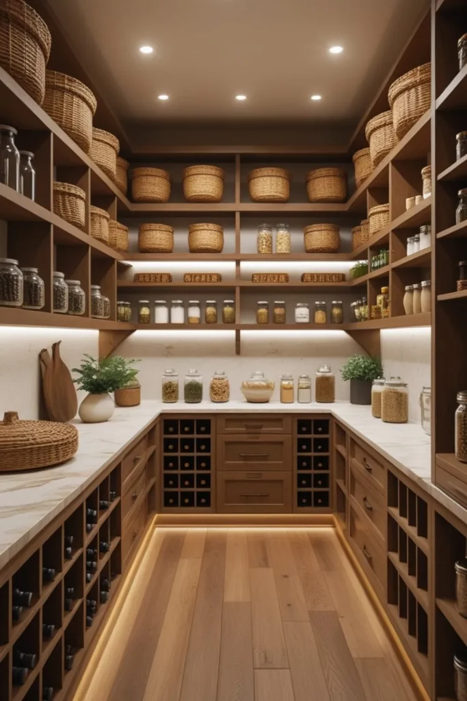 16 Pantry-for-food ideas 2026 to Revolutionize Your Kitchen Storage 16 Rustic Pantry with Woven Baskets and Earthy Hues