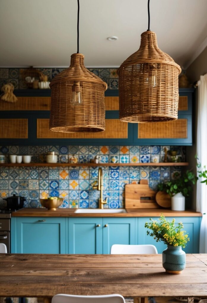 Wicker pendant lights in kitchen