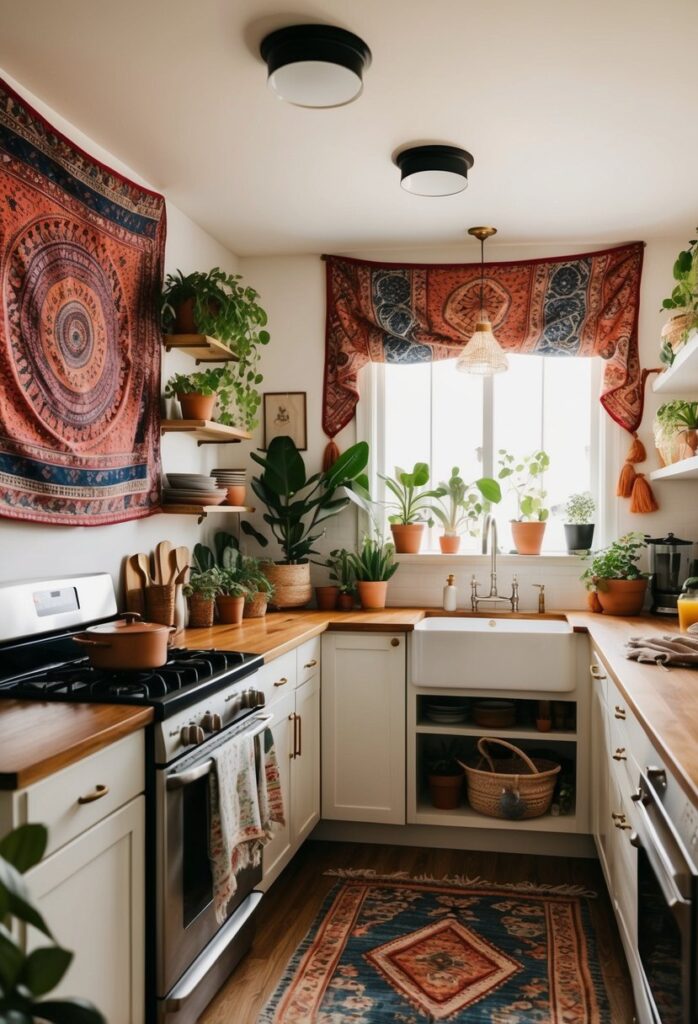 Bohemian tapestry art on kitchen wall