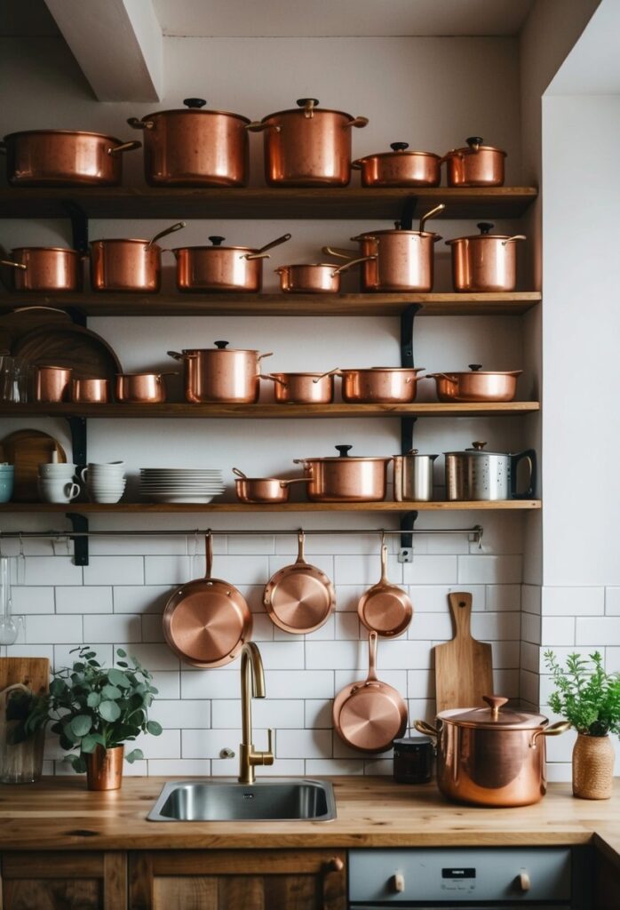 Copper pots and pans hanging in kitchen