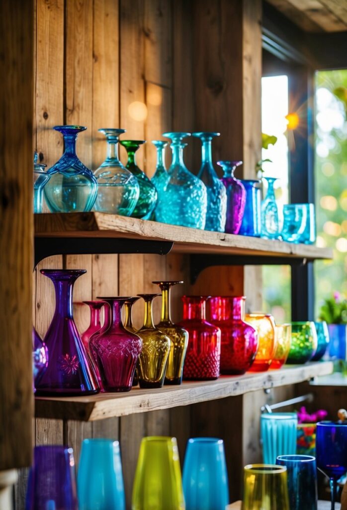Colorful glassware on kitchen shelf