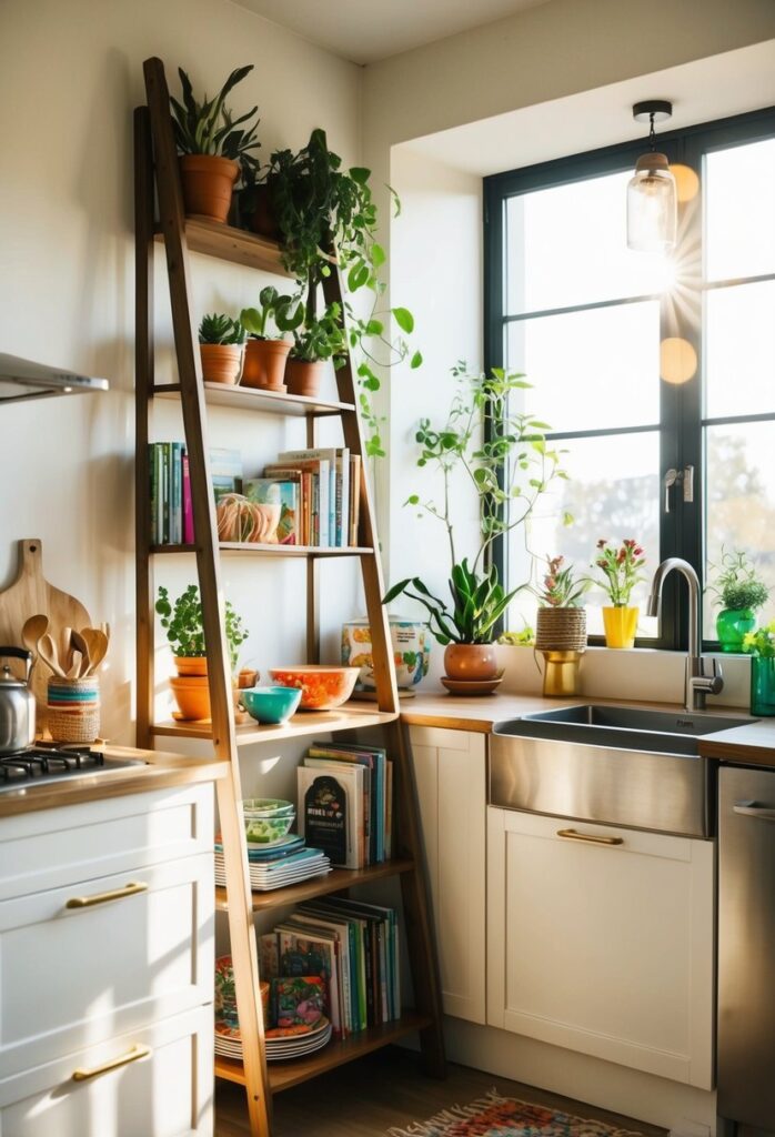 Ladder shelf storage in kitchen