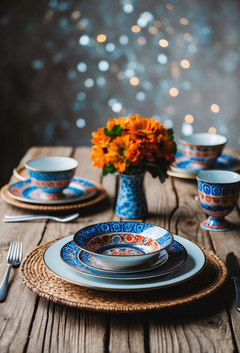 Rustic wooden table with colorful porcelain dinnerware