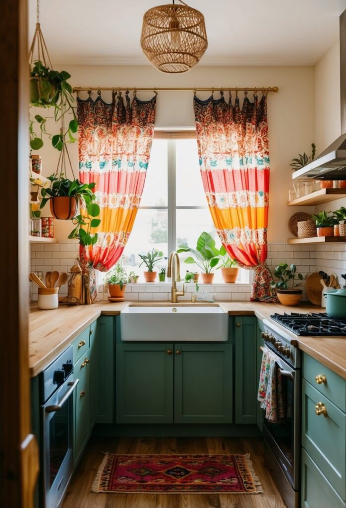 Boho style curtains in kitchen