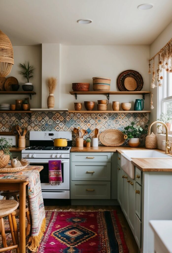 Layered rugs in kitchen