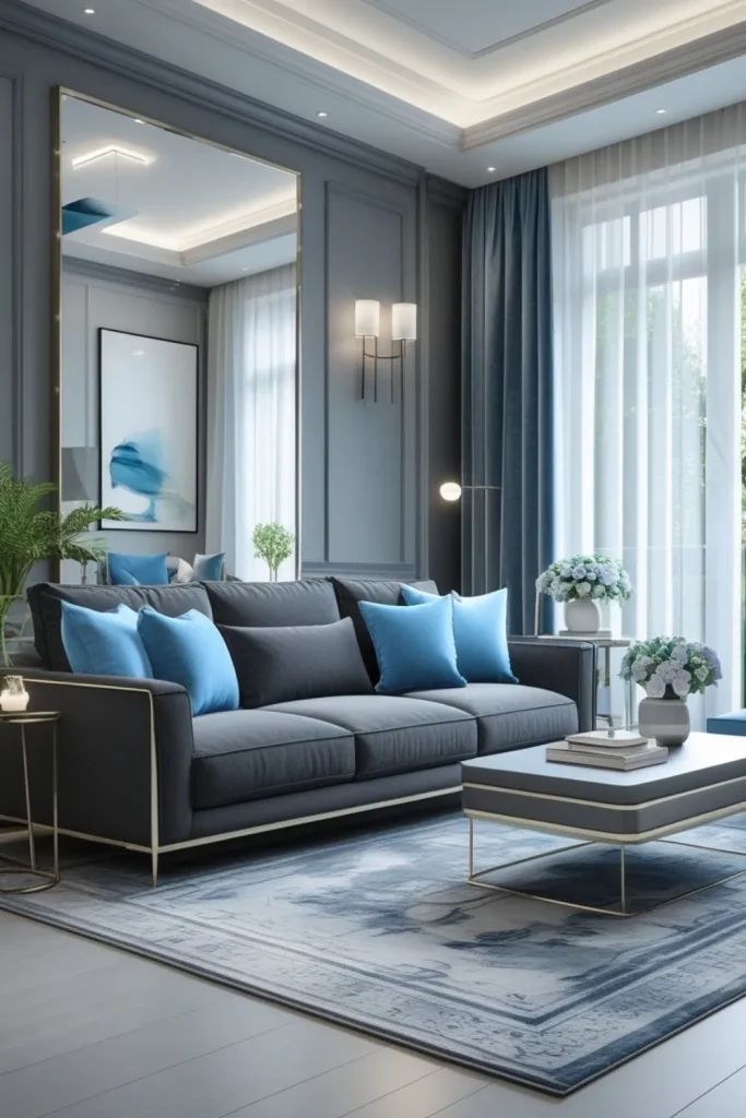 Charcoal Grey Sofa with Soft Blue Cushions