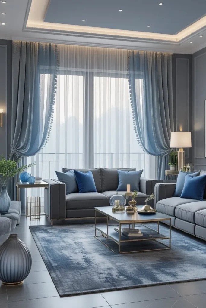 Dusty Blue Curtains Paired with Grey Sheer Drapes