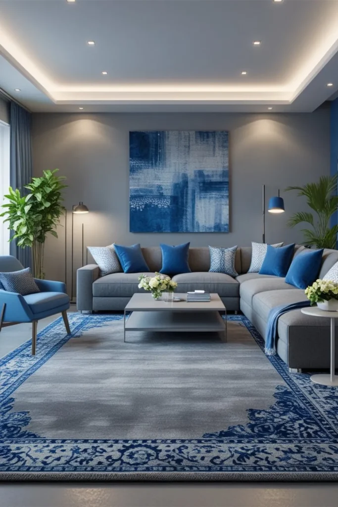 Grey Textured Rug with Blue Pattern Accents