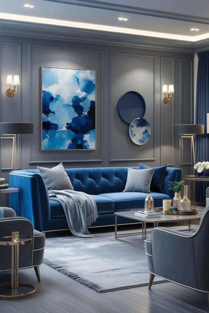 Blue Velvet Sofa with Grey Throw Blanket