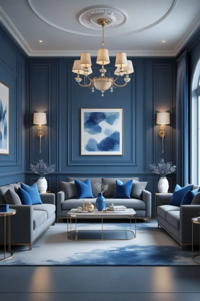 Blue-Toned Wall Panels or Wainscoting with Grey Flooring