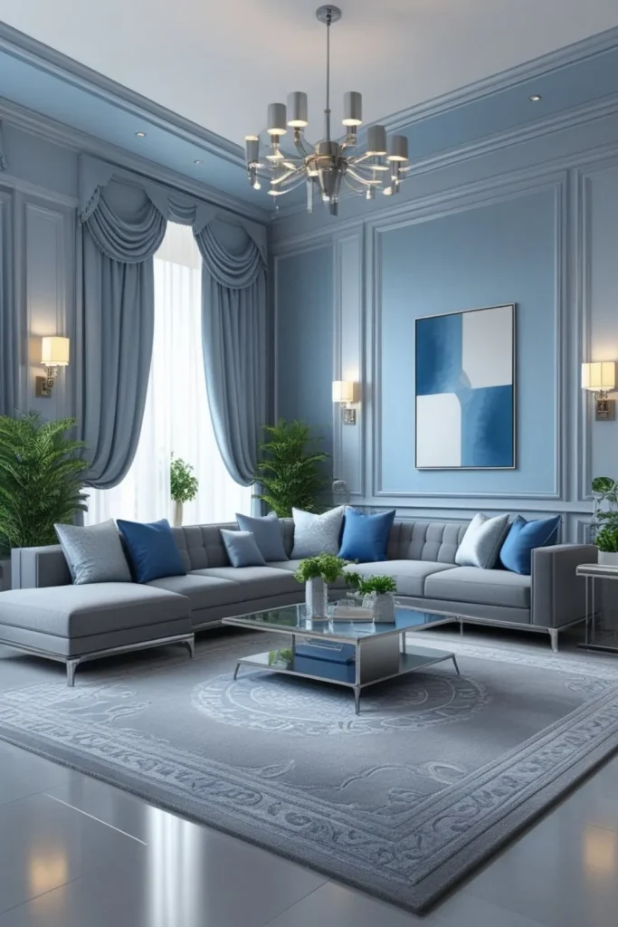 Soft Blue Wallpaper with Grey Trim or Moulding