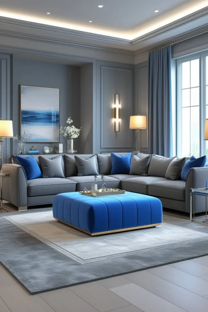 Grey Sectional Sofa with Blue Ottoman