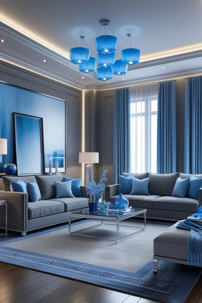 Layered Lighting with Blue-Tinted Lamp Shades