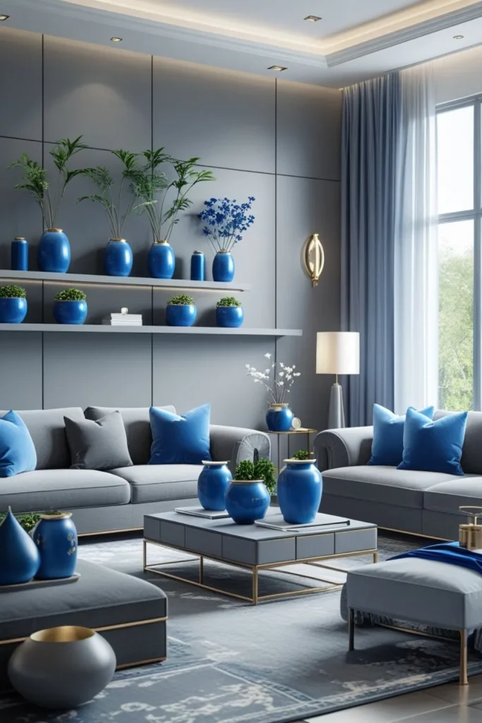 Blue Ceramic Vases or Planters on Grey Shelves
