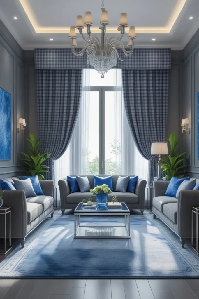 Grey and Blue Checked or Striped Curtains