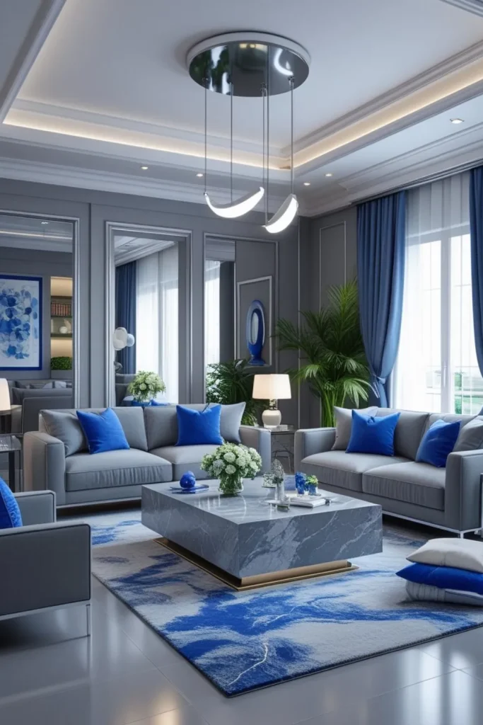 Grey Marble Coffee Table with Blue Accents