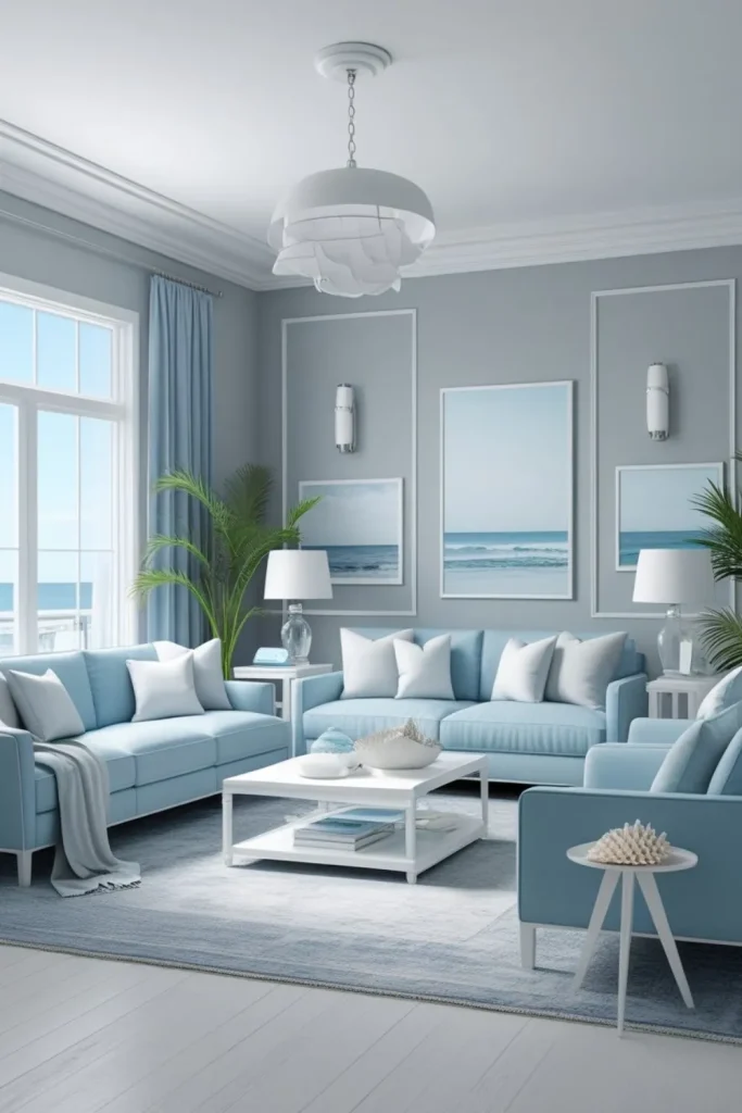 Coastal-Inspired Decor with Light Blue, Soft Grey, and White Touches